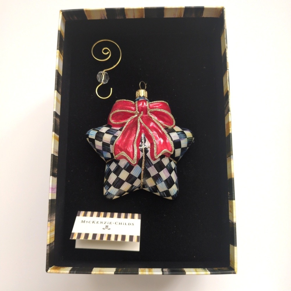 RARE MacKenzie-Childs Courtly Check Star w/ Bow Ornament Black White Red + Box